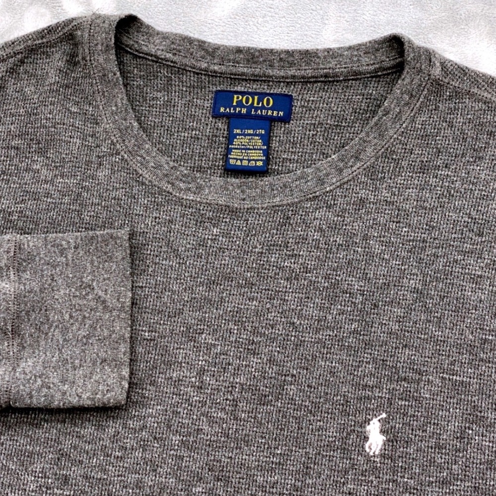 Polo Ralph Lauren Mens 2XL Gray Waffle Knit Long Sleeve Thermal Shirt Crewneck